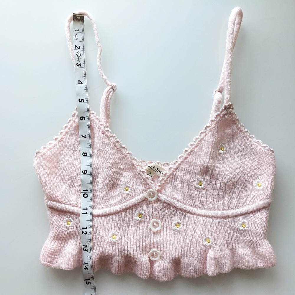 For Love And Lemons Callie Crop Top S Pink Knit Embroidered Daisy Coquette Cami - Picture 9 of 10